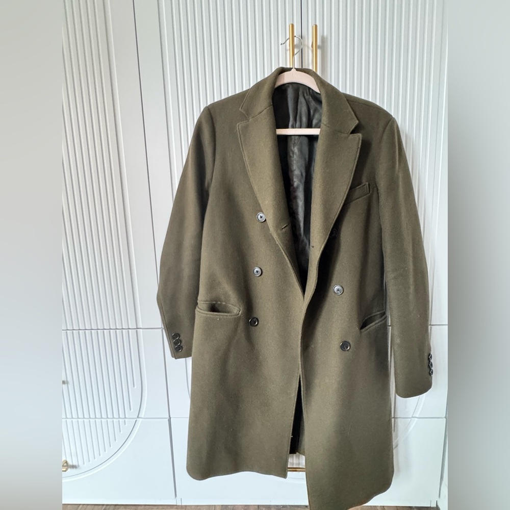 Men's Slim Olive Double-Breasted Coat 100% wool